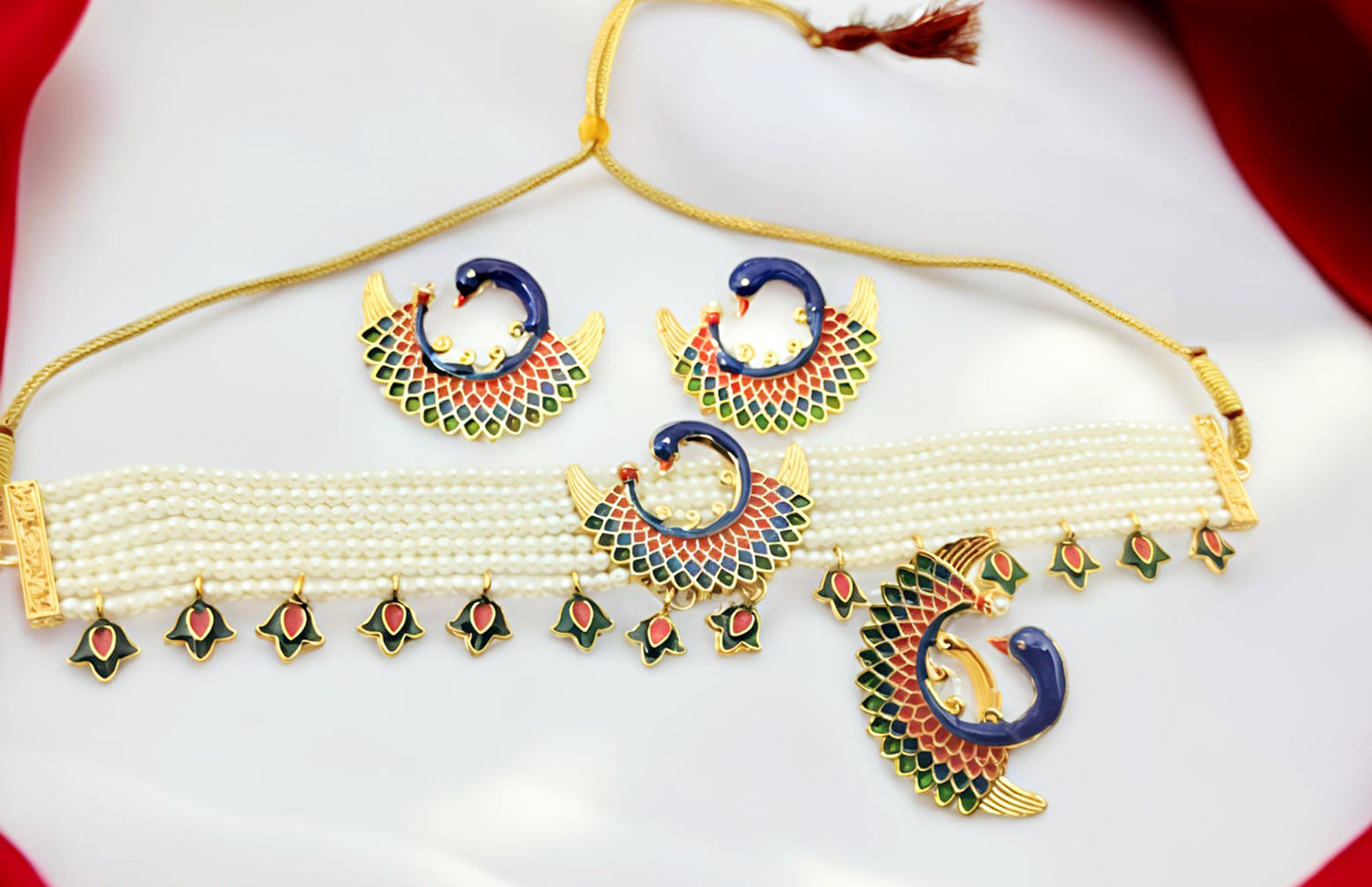 Rajasthani rajwadi meenakari peacock design choker /chik necklace set for Women