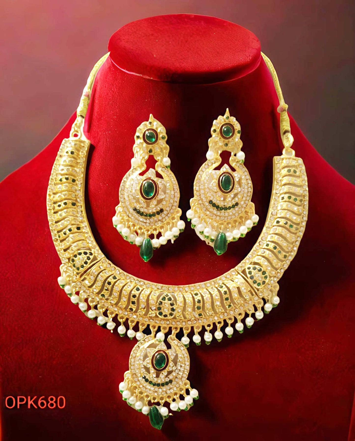 Rajasthani Traditional Green Kundan Necklace Set with Earrings for women
