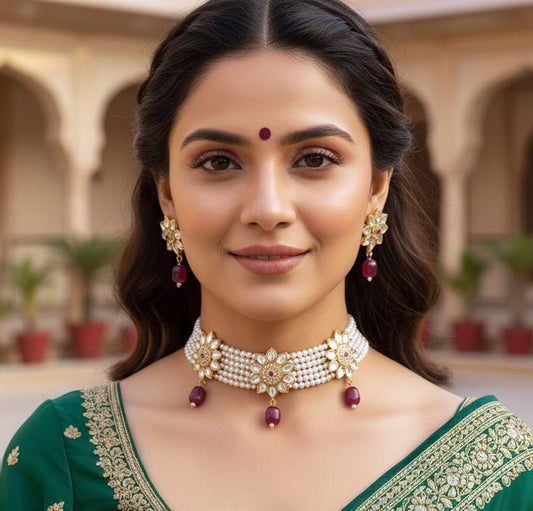 Royal Kundan Pearl Choker Necklace Set with Ruby Beads