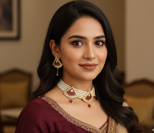 Balaji gold Royal Kundan Pearl Choker Necklace Set with Earrings for Women