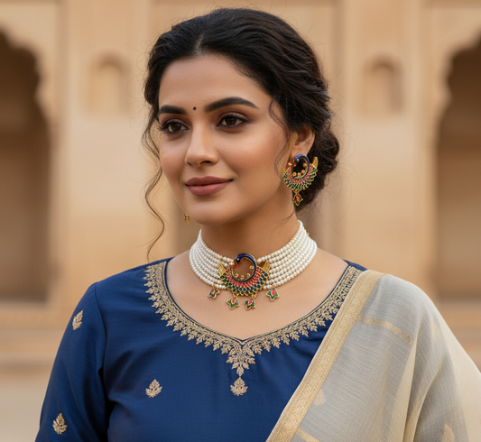 Balaji gold Multicolor Peacock Design Choker Necklace Set with Earrings for Women