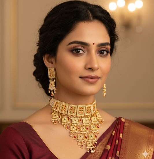 Balaji gold Royal Rajasthani Red Beaded Kundan Aad Necklace Set with Earrings for Women