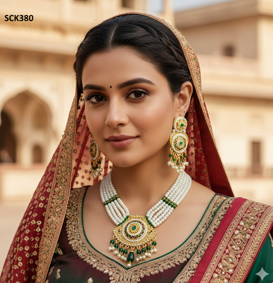 Royal Kundan Pearl & Green Beaded Choker Necklace Set
