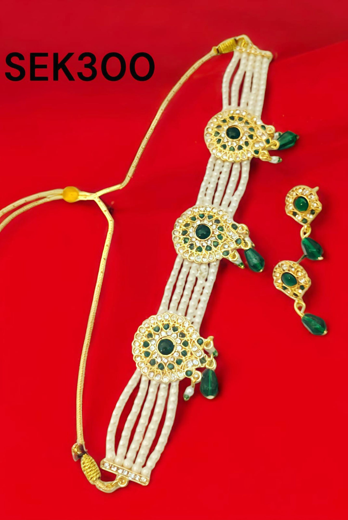 Rajasthani green colour round chik / choker set for Women