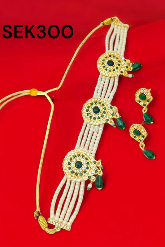 Rajasthani green colour round chik / choker set for Women