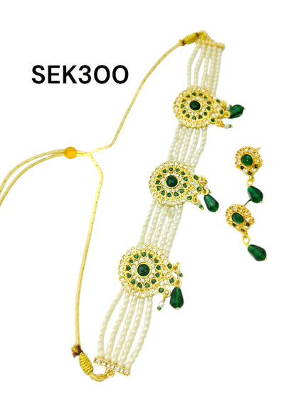 Rajasthani green colour round chik / choker set for Women