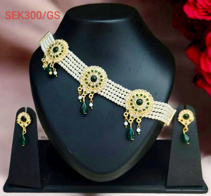 Rajasthani green colour round chik / choker set for Women