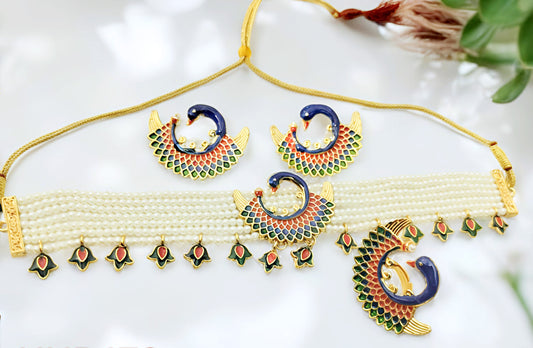 Rajasthani rajwadi meenakari peacock design choker /chik necklace set for Women