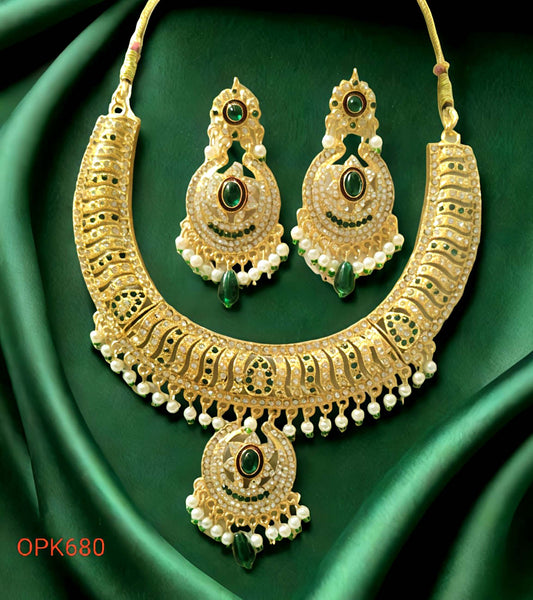 Rajasthani Traditional Green Kundan Necklace Set with Earrings for women